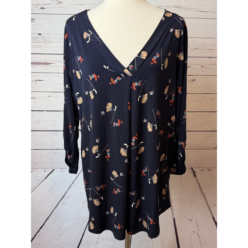 Beacon Floral Blouse NWT Plus Size 1X Navy Blue Knit Stitch Fix Shirt Top Career